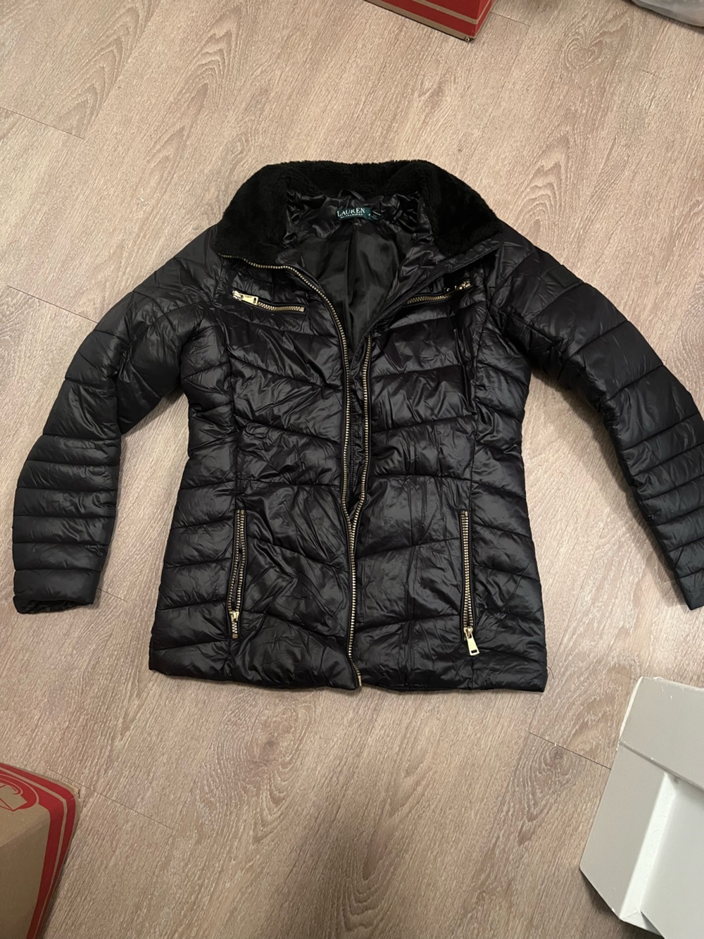Lauren Ralph Lauren Black Quilted Puffer Jacket with Faux-Fur Collar